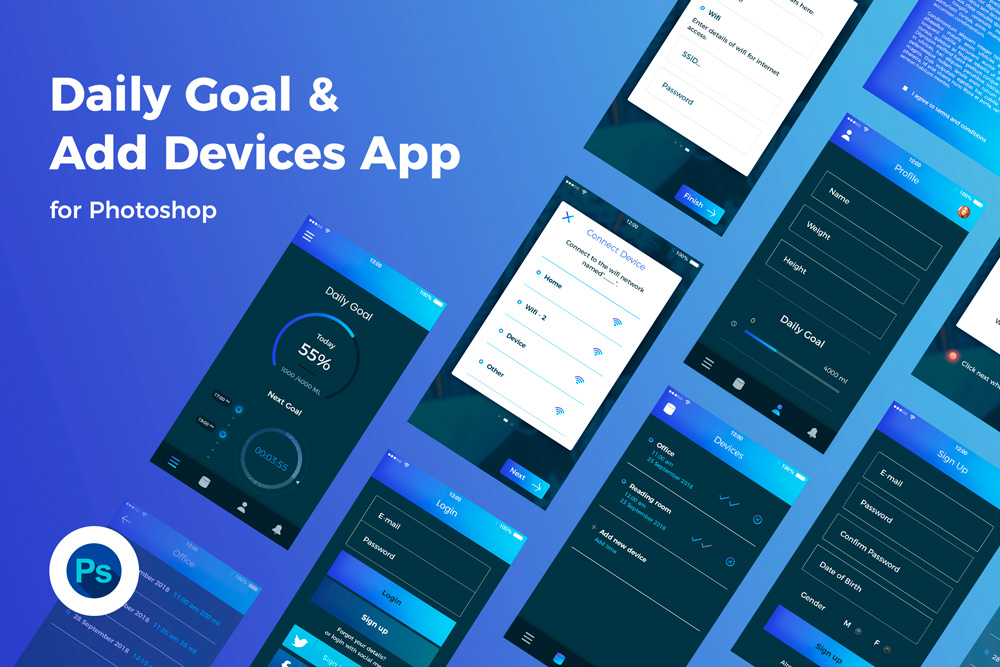 Daily Goal and Register Device Blue App Ui Kit PSD