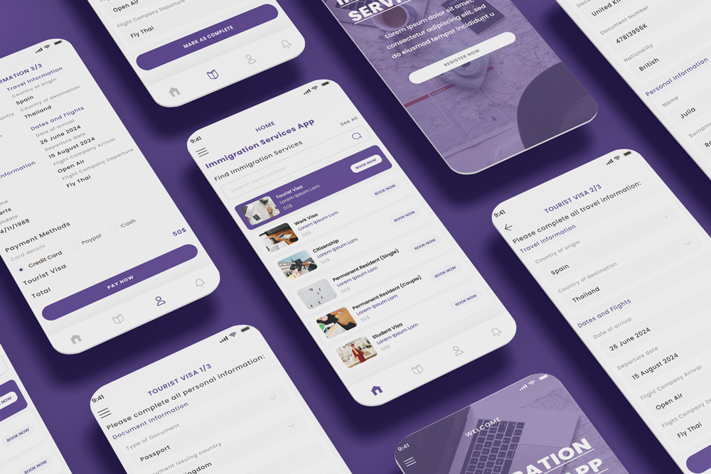 Immigration, Tourist & Work Visa App Design Template with 5 Screens