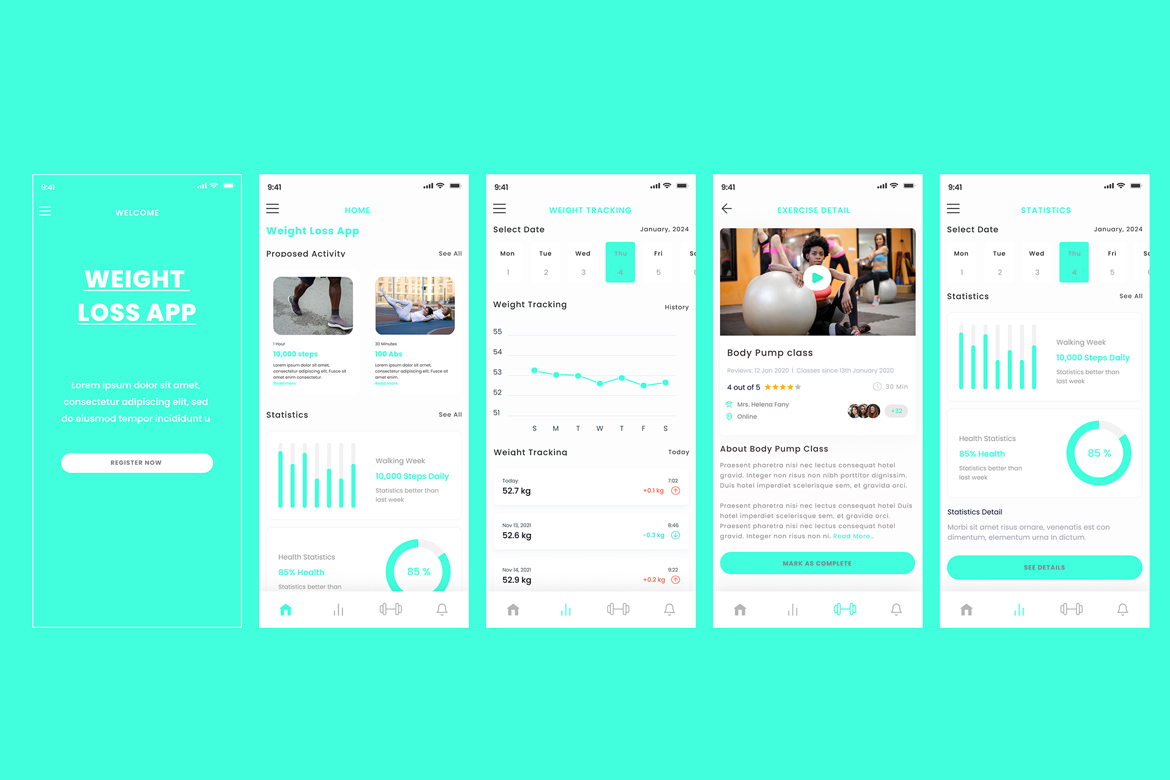 Weight Loss Tracker, Diet, Exercise & Workout App Design Template