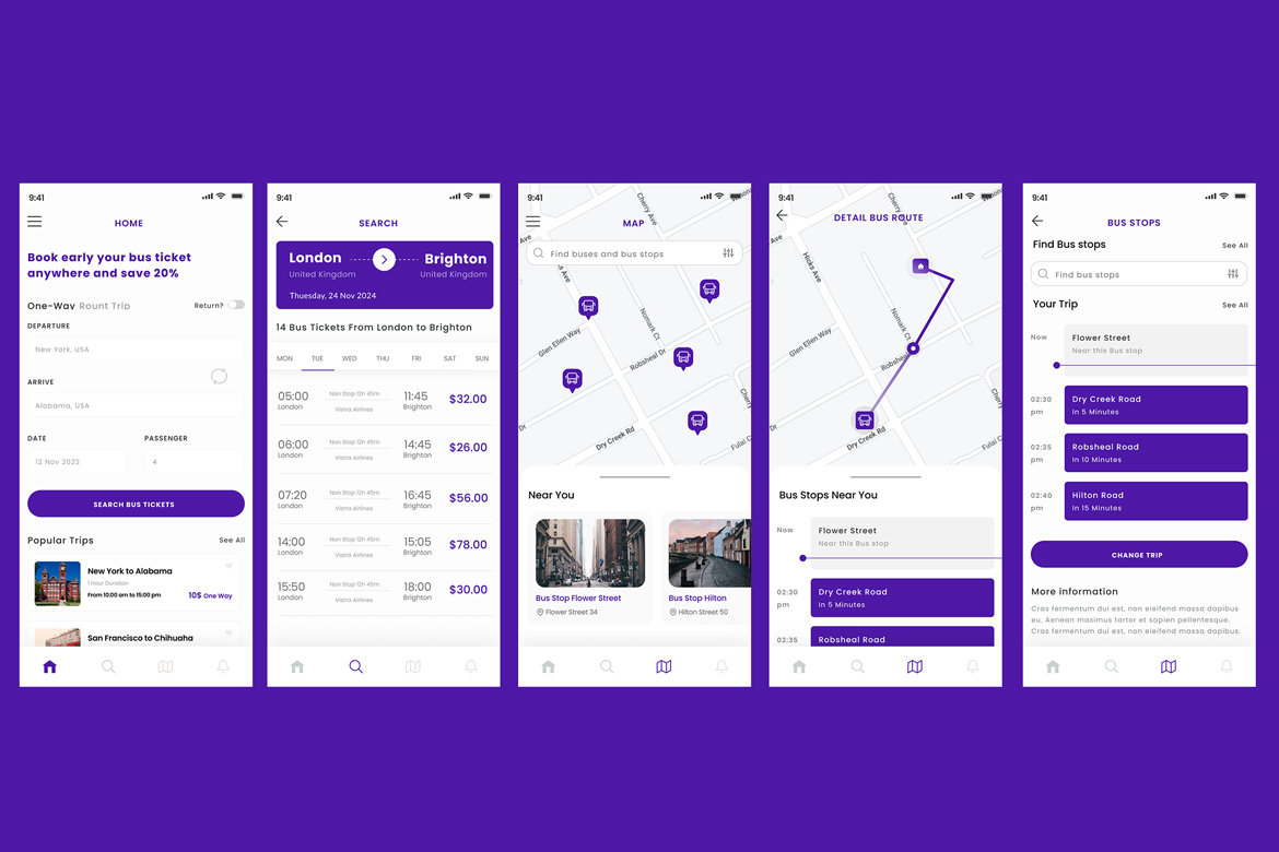 Bus Stop, Route Tracker & Public Transport App UI