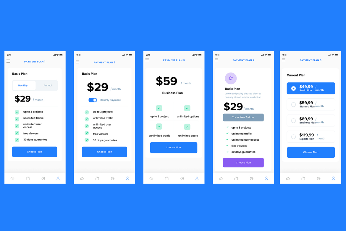 Payment Plan & Services Plans Screens App UI Kit