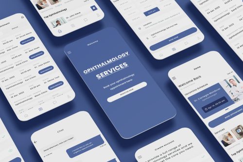 Oculist, ophthalmologist & optometric eye healthcare services Blue App Ui kit Template