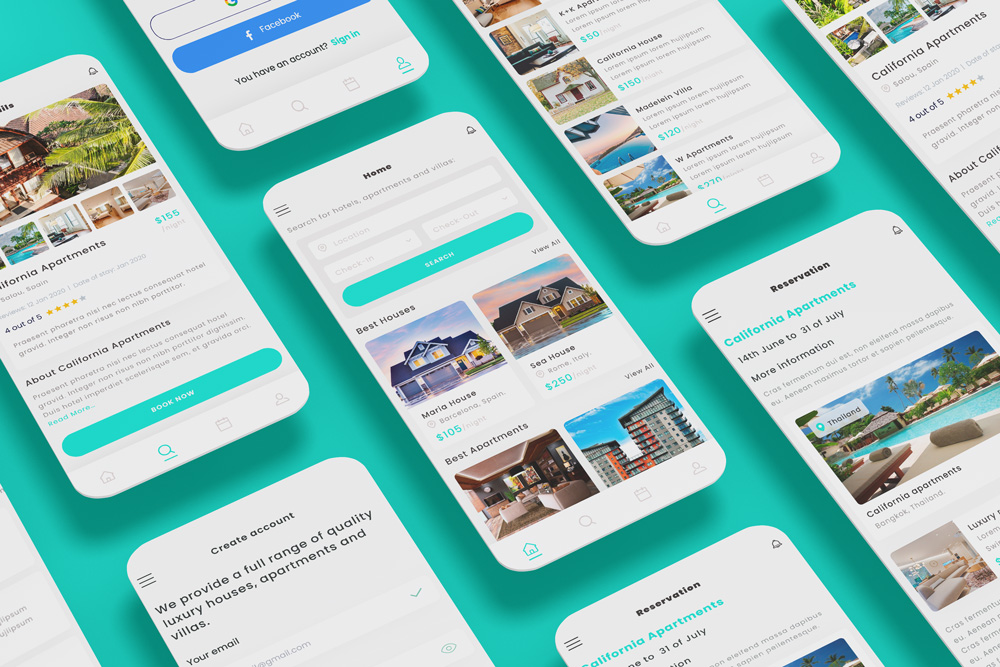 Blue Rental & Booking Holiday Houses, apartments & villas app UI Kit Template