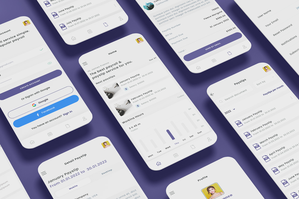 Payroll, Salary, paycheck & payroll App Ui Kit Blue Template