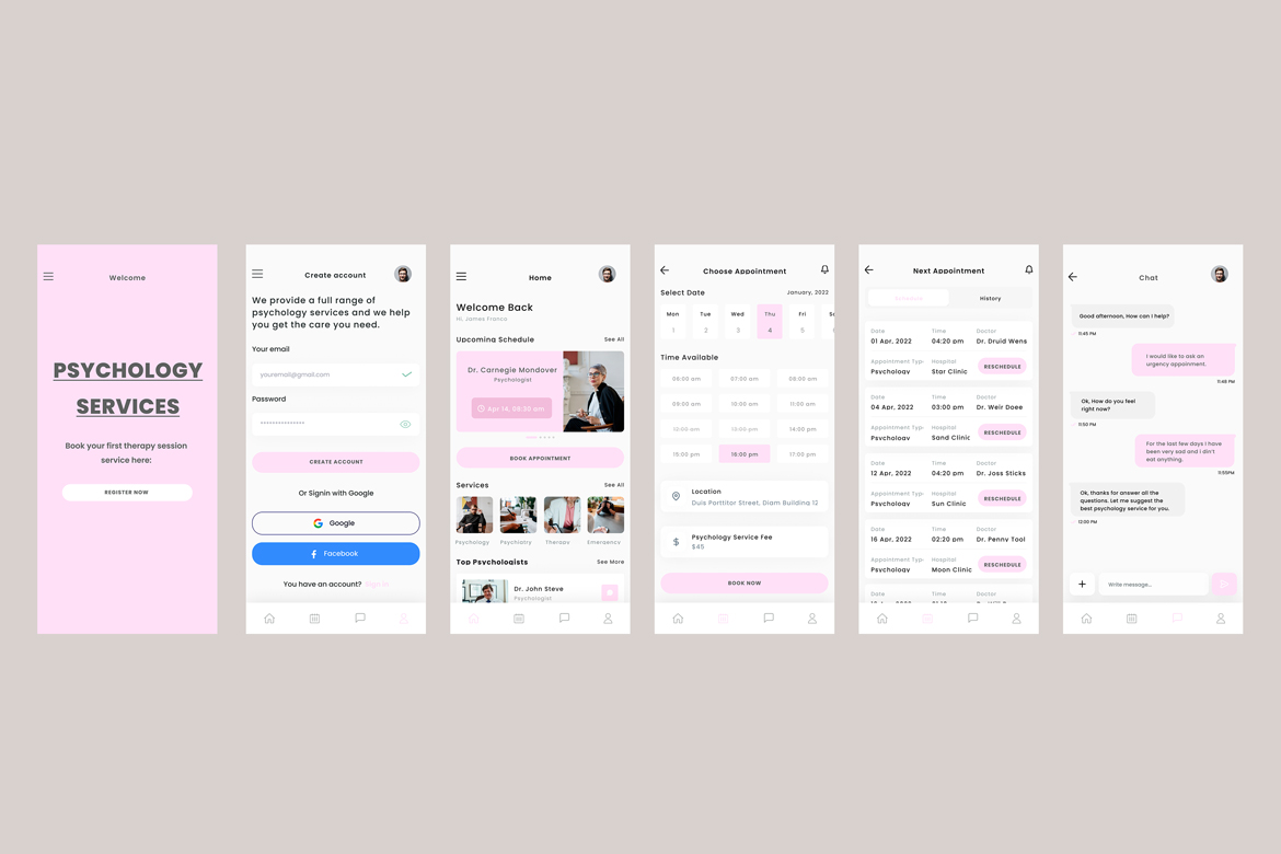 Psychologist, Psychology, therapy, mental health & book session app UI kit Pink Template
