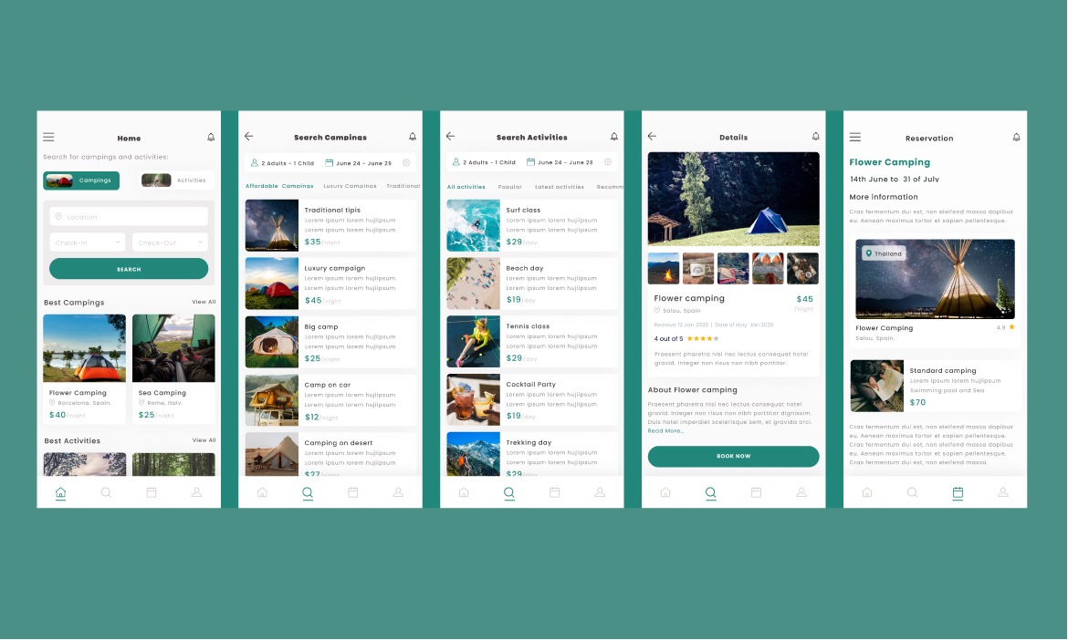 Book Camping, trekking activities Green App Ui kit