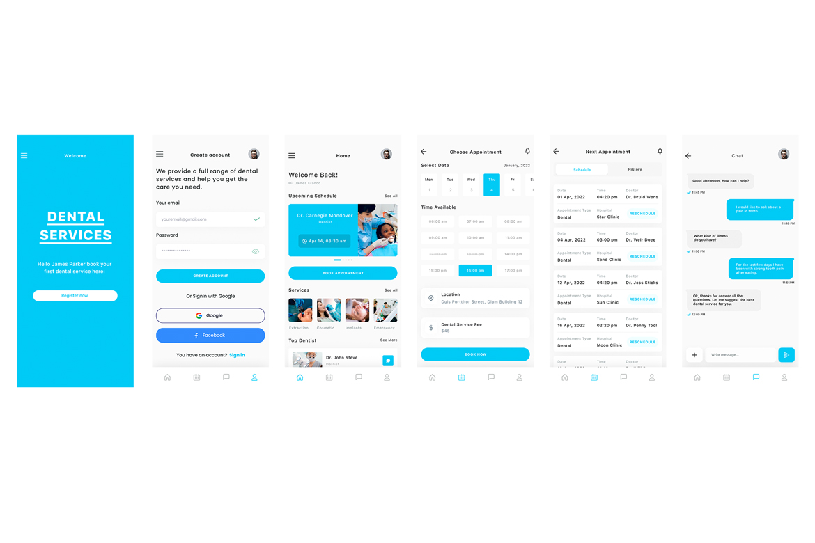 Dental surgeon, orthodontist,  dental technician & dental services App Ui Kit Blue Template