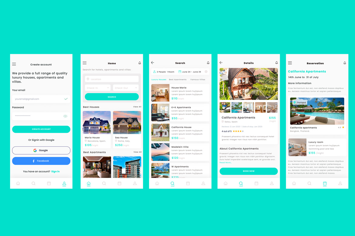 Blue Rental & Booking Holiday Houses, apartments & villas app UI Kit Template