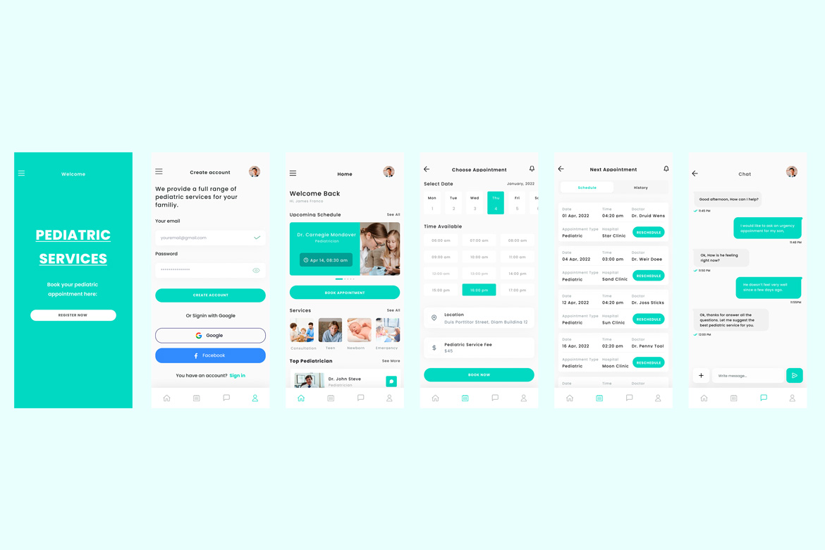 Pediatricians & Kids Clinic Booking Green App Ui Kit Template