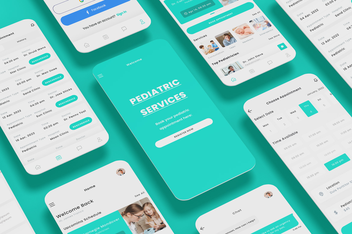 Pediatricians & Kids Clinic Booking Green App Ui Kit Template