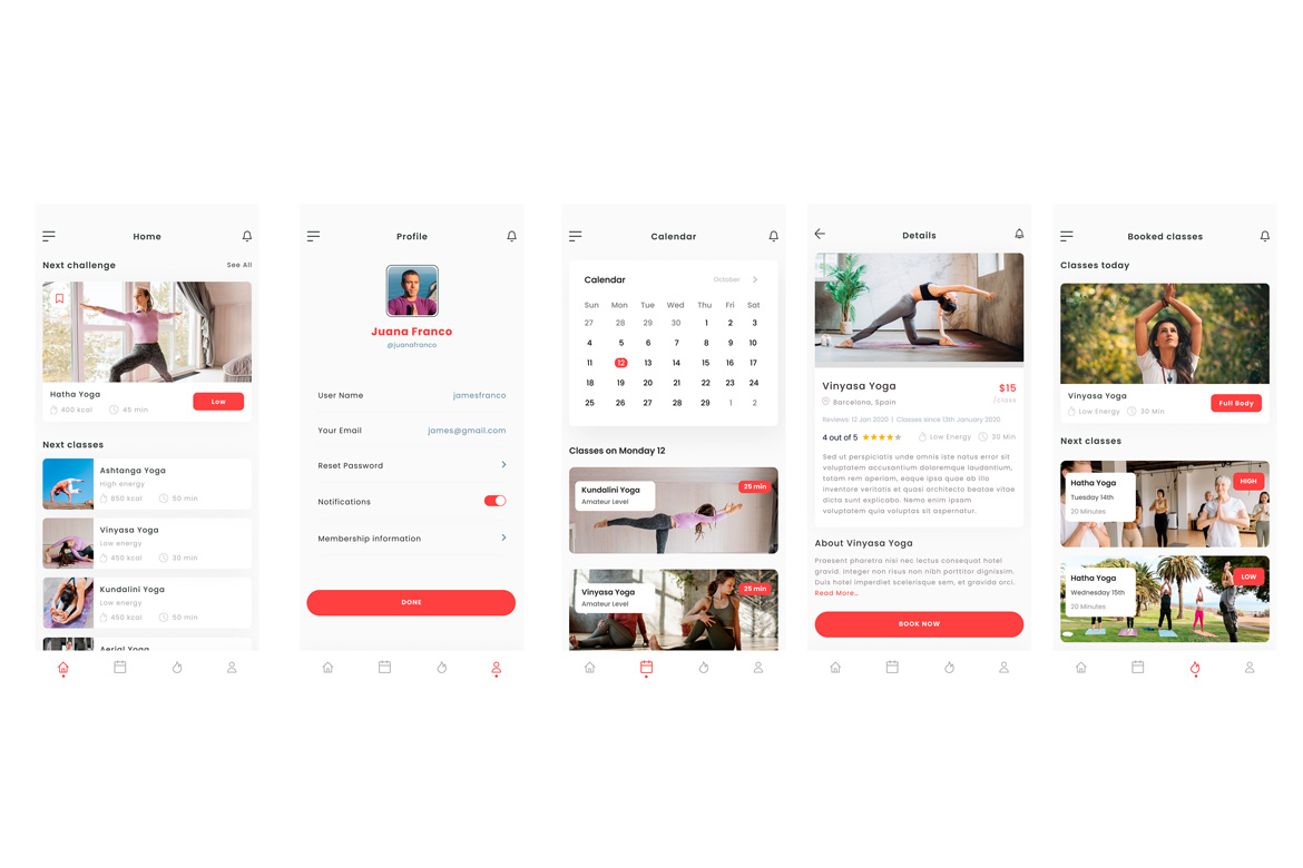 Yoga Gym & workout Booking class Red App Ui Kit Template