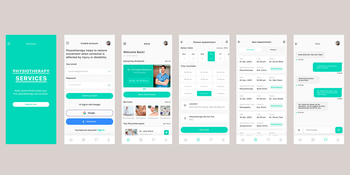 Physiotherapist, osteopath, acupuncturist  &  chiropractor App UI kit Green Blue Template
