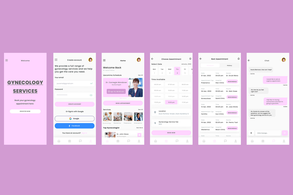 Gynecology , Obstetrics , delivery & maternity medical pregnancy services purple App Ui kit template