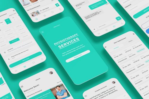 Physiotherapist, osteopath, acupuncturist & chiropractor App UI kit Green Blue Template
