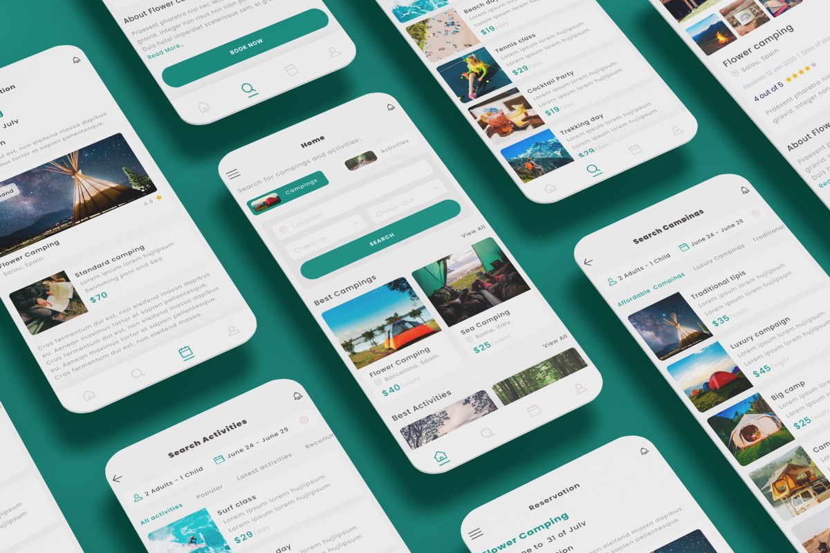 Book Camping, trekking activities Green App Ui kit