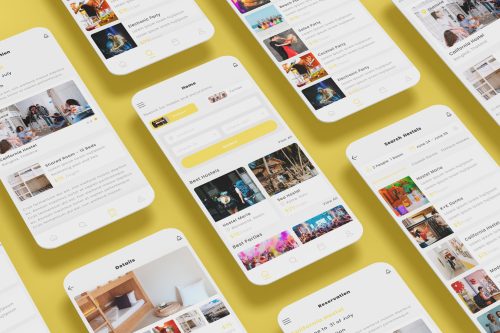 Youth Hostels, Dorms and Parties Reservation App Ui kit Yellow Template