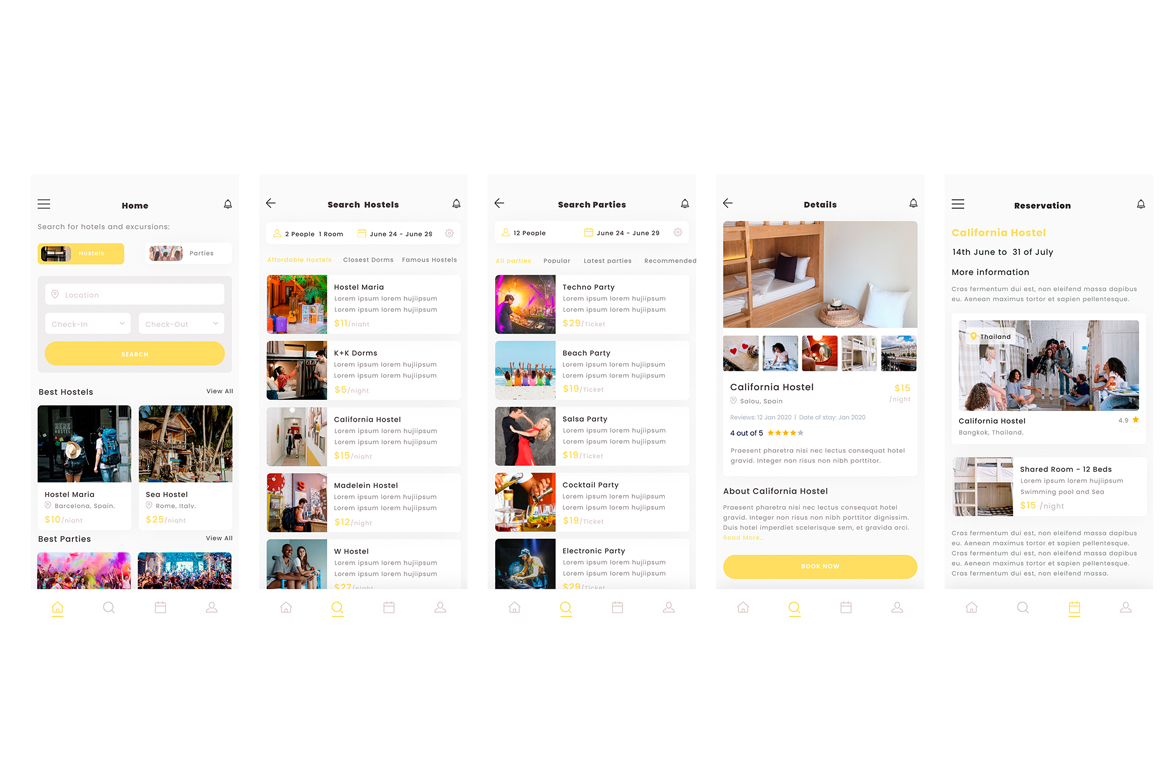 Youth Hostels, Dorms  and Parties Reservation App Ui kit Yellow Template