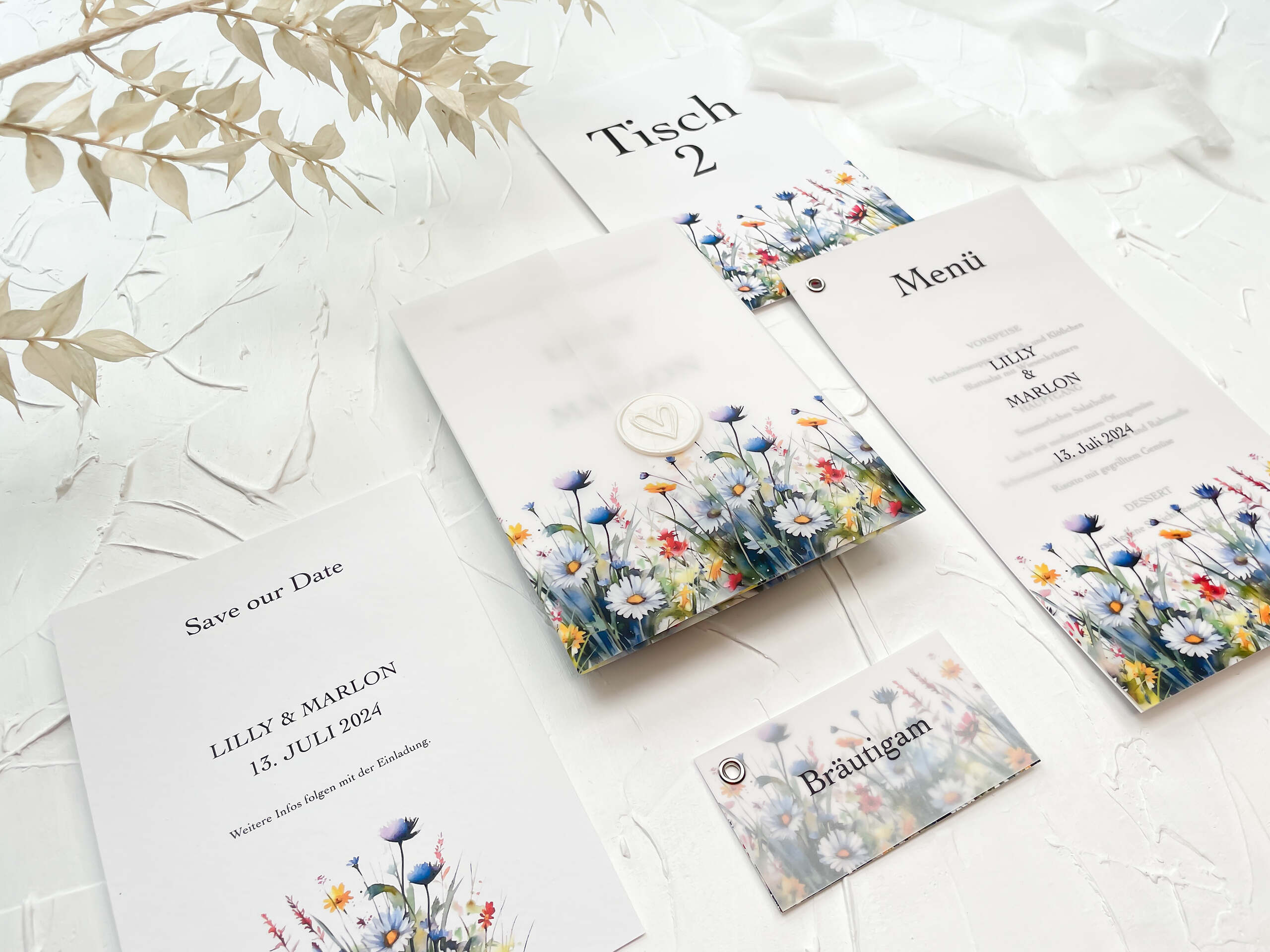 Moderne Hochzeitspapeterie bunte Wildblumen