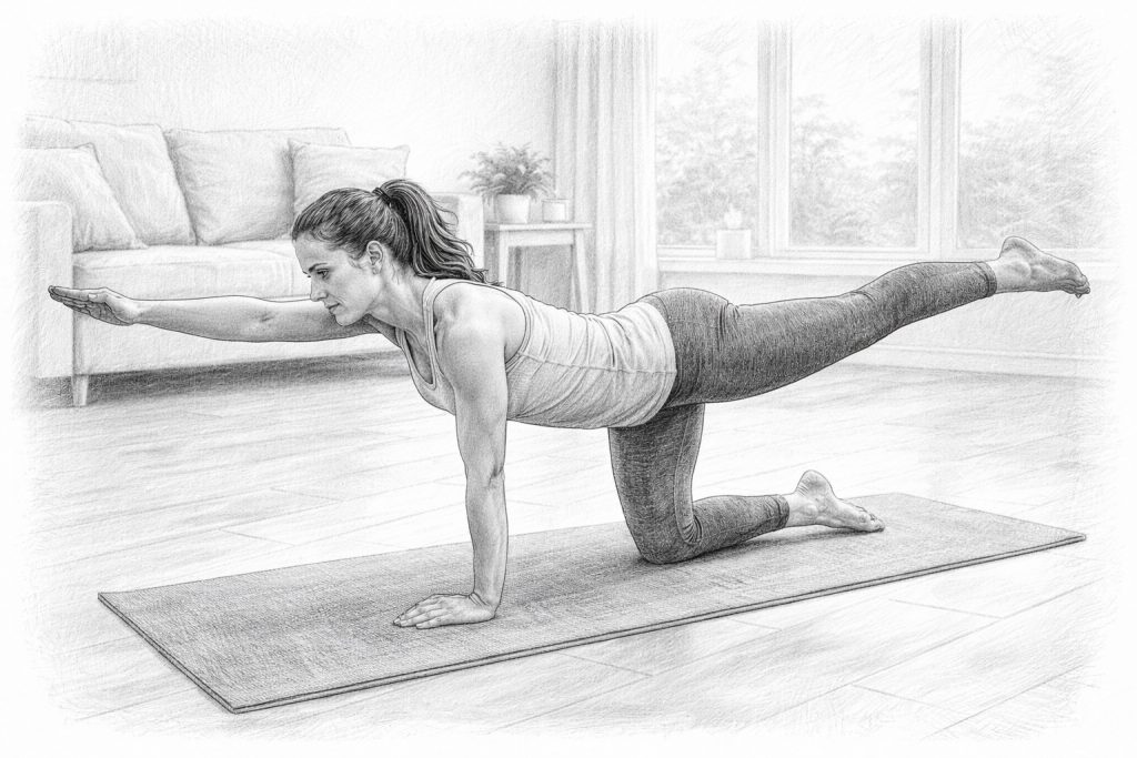 Person utför diagonalsträck på golvet som stabilitetsövning för ländryggen.