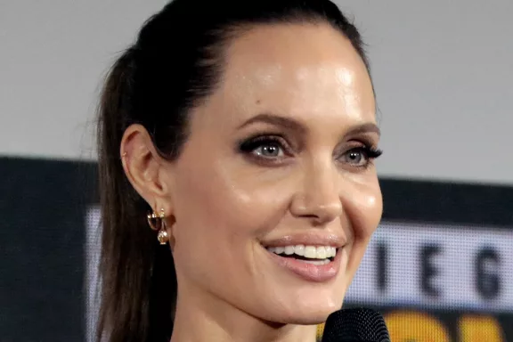 Angelina Jolie speaking at the 2019 San Diego Comic-Con International in San Diego, California. Photo by Gage Skidmore.