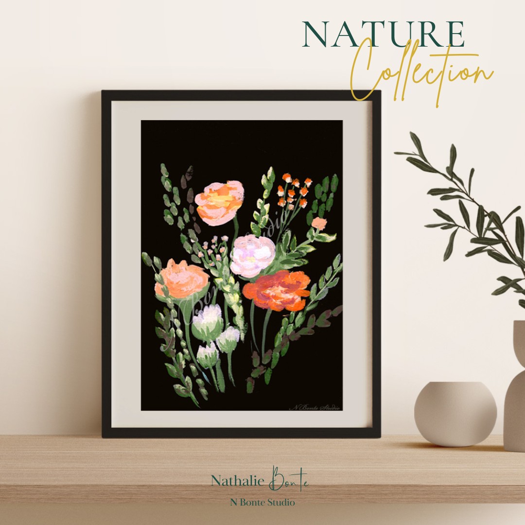 Original-painting-giclee-fine-art-print-nature-collection-nathalie-bonte-nbontestudio-flowers-on-black