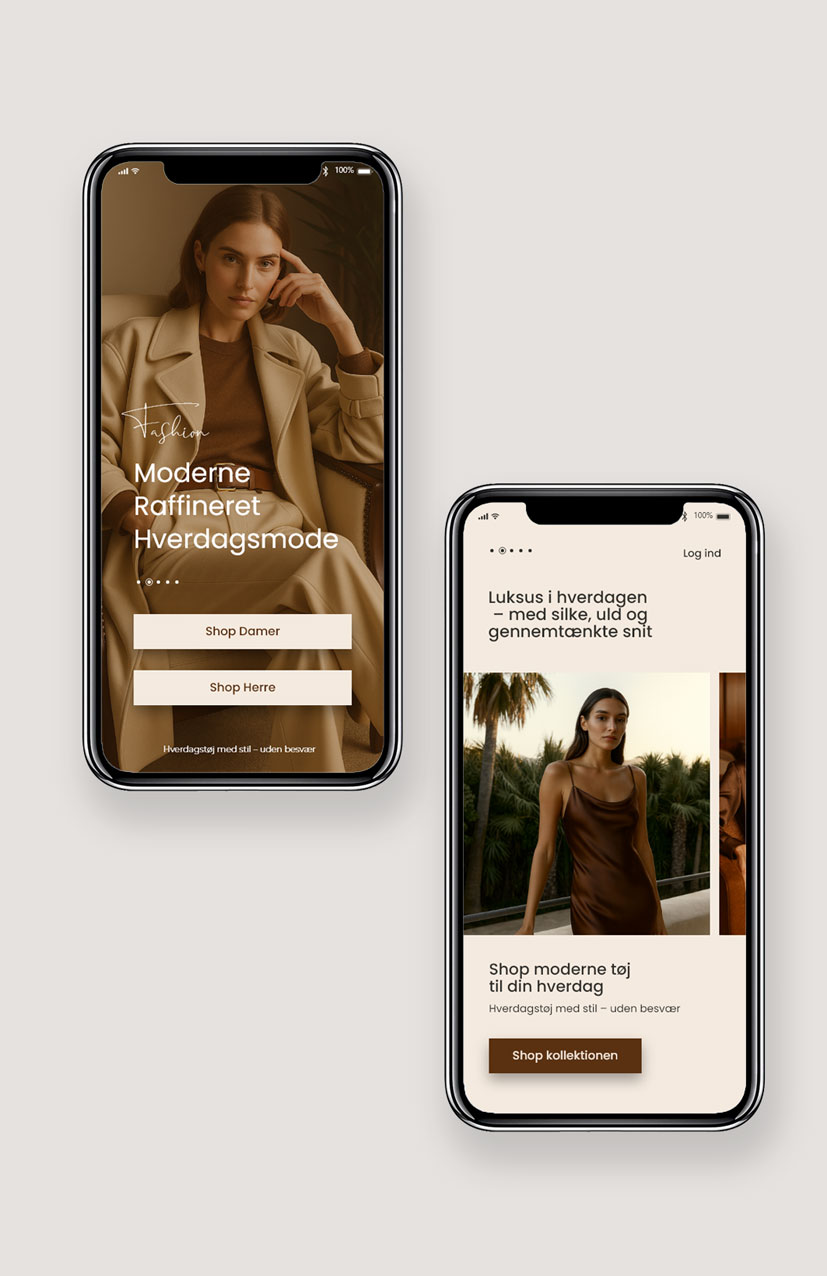 Mobil løsning til modefirma – login og undersider til eksklusivt tøj i elegant design
