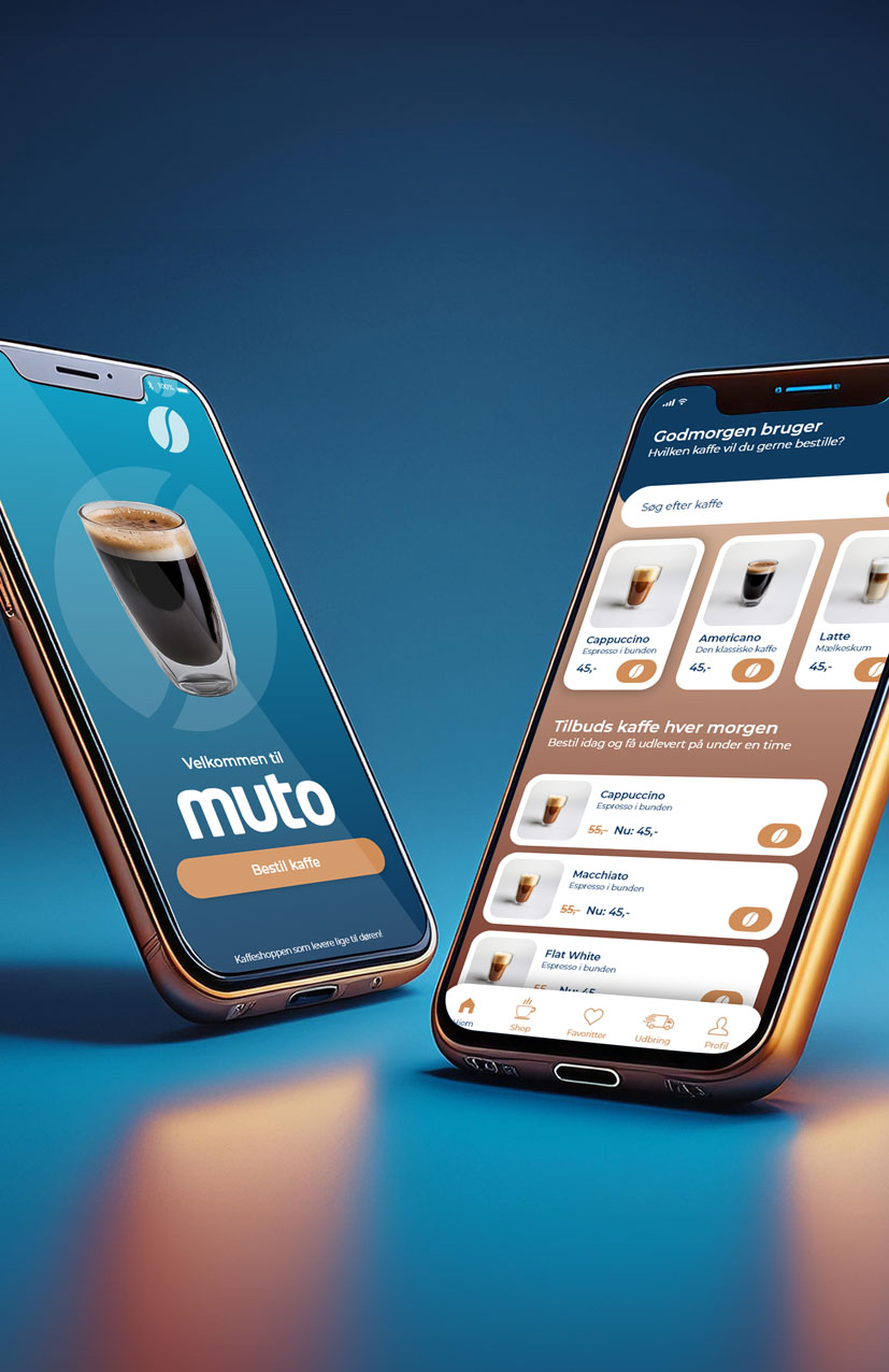 Muto kaffe app – mobilapp design i brune og blå brandfarver