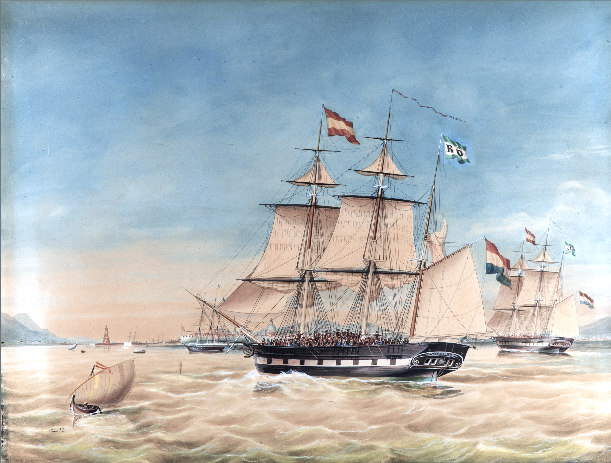 Rotterdam barques Reijerwaard and Gouverneur Generaal Rochussen, commanded by captains Wierikx and Rijken, arriving in Manila, Philippines with over 300 Spanish deportees of the 1848 uprisings.