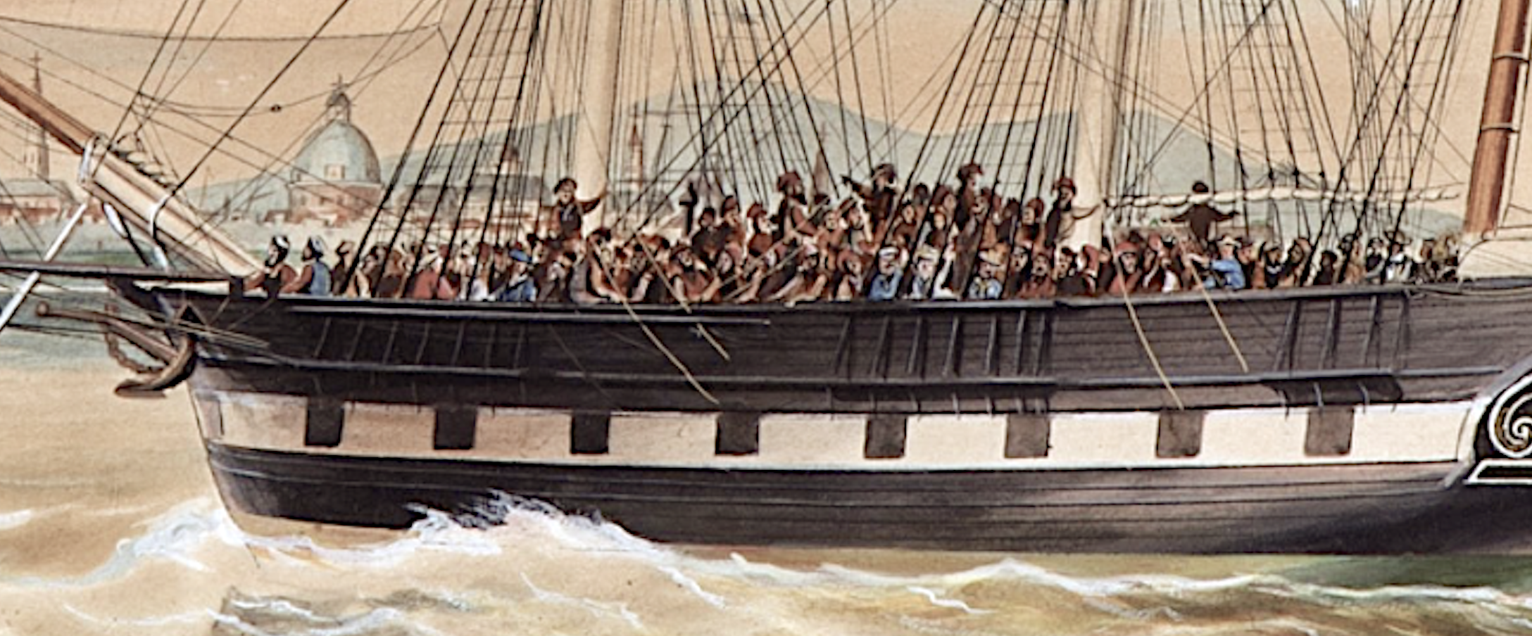 Detail of deported Spanish revolutionaries of 1848 onboard the Dutch barque Reijerwaard arriving in the Philippines.