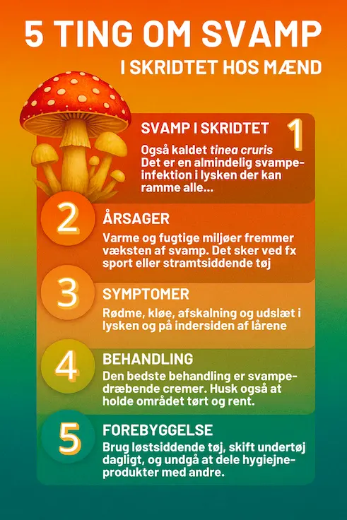 Infografik over 5 af di vigtigste viden man skal have om svamp i skridtet hos mænd