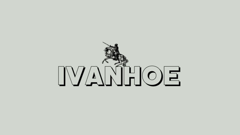 Navnet "Ivanhoe" på en grøn baggrund med en illustration af en ridder på en hest over teksten
