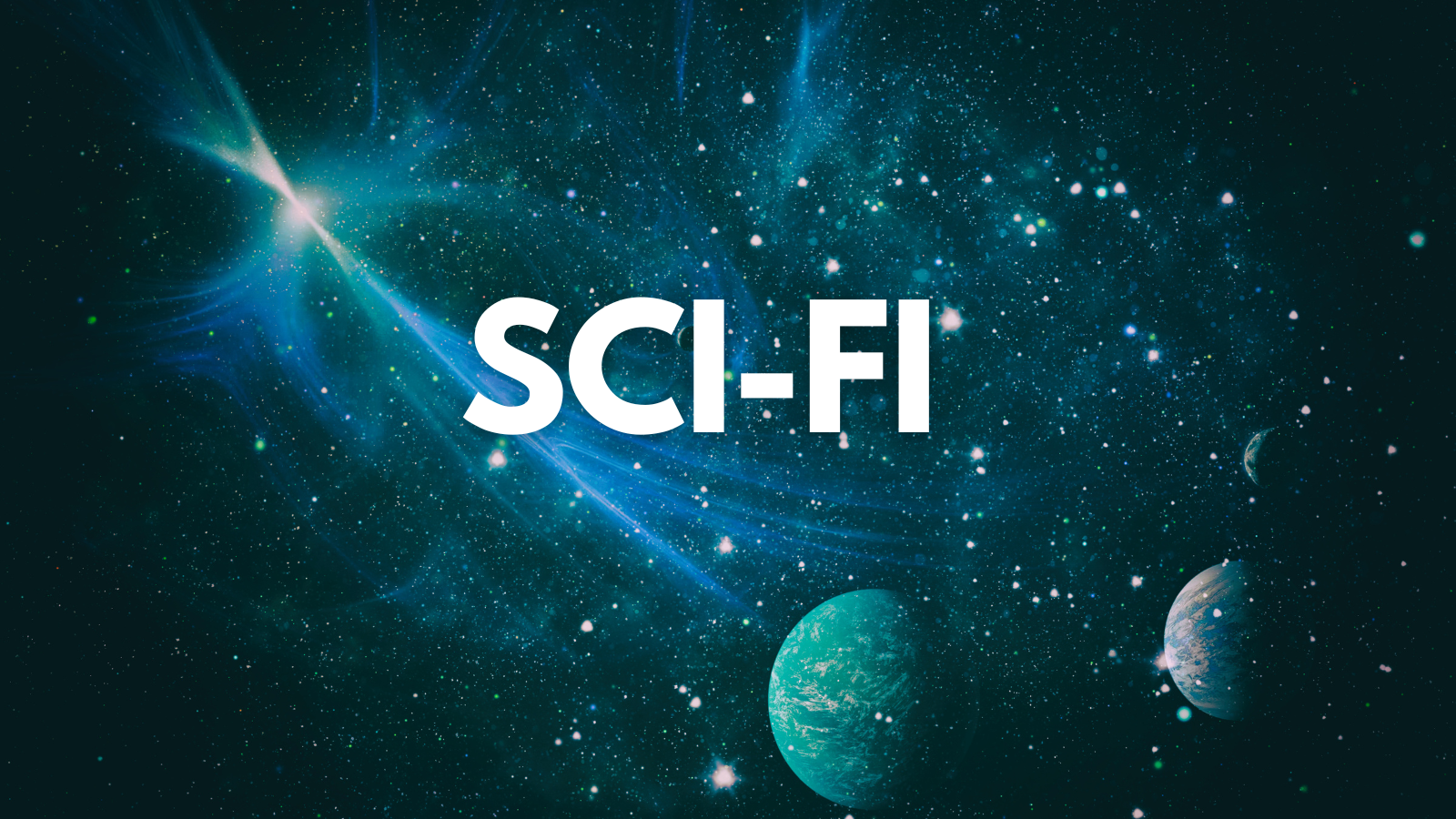 Ordet Sci-fi skrevet med hvid tekst på en baggrund af med planeter og stjerner
