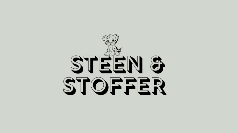 Navnet "Sten & Stoffer" på en grøn baggrund med en illustration af en tiger over teksten