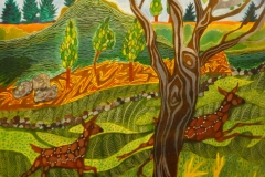“Dådyrene løber” , maleri af Nete Riemann, Ecoline og farveblyant, 41 x 31