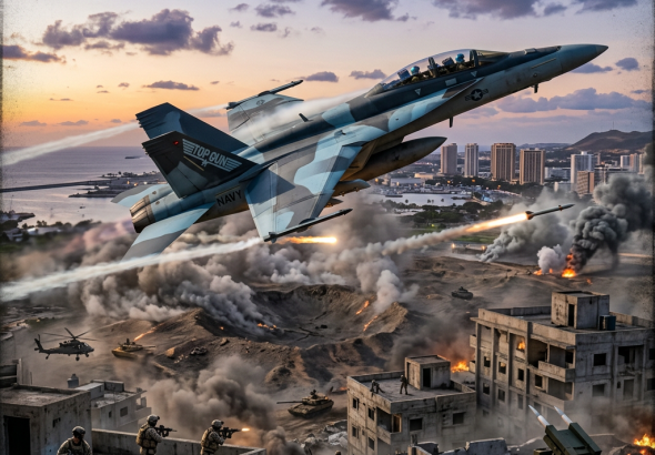 BATTLEFIELD 6; fighter jet marked TOP GUN and NAVY attacks above soldiers, tanks, smoke, and burning buildings
