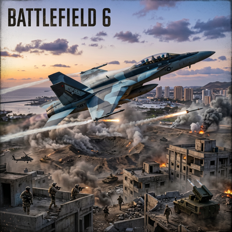 BATTLEFIELD 6; fighter jet marked TOP GUN and NAVY attacks above soldiers, tanks, smoke, and burning buildings