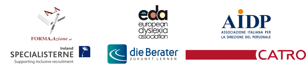 Logos for EDA, die Berater, AIDP, Forma Azione, Specialisterne and Catro - the project partners of the Neurodiversity at Work project.