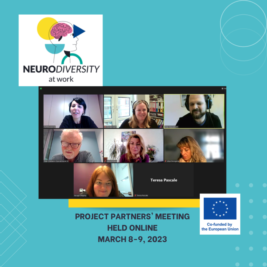 Screen shot of participants at the Neurodiversity at Work project partner's meeting held online on Zoom March 8-9, 2023