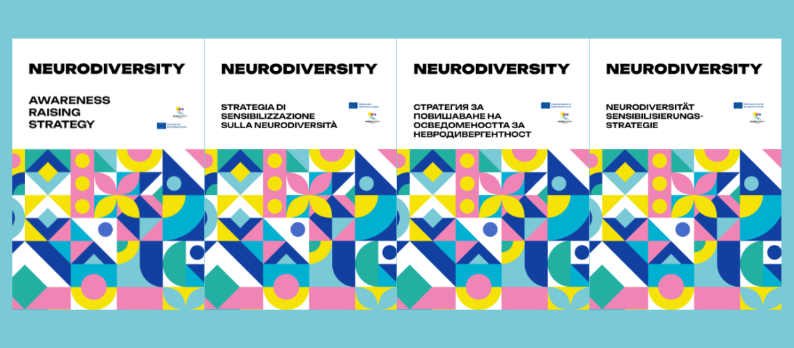 4 cover images of the Neurodiversity at Work Awareness Raising Strategy in each of the 4 project languages, English, Italian, Bulgarian and German.