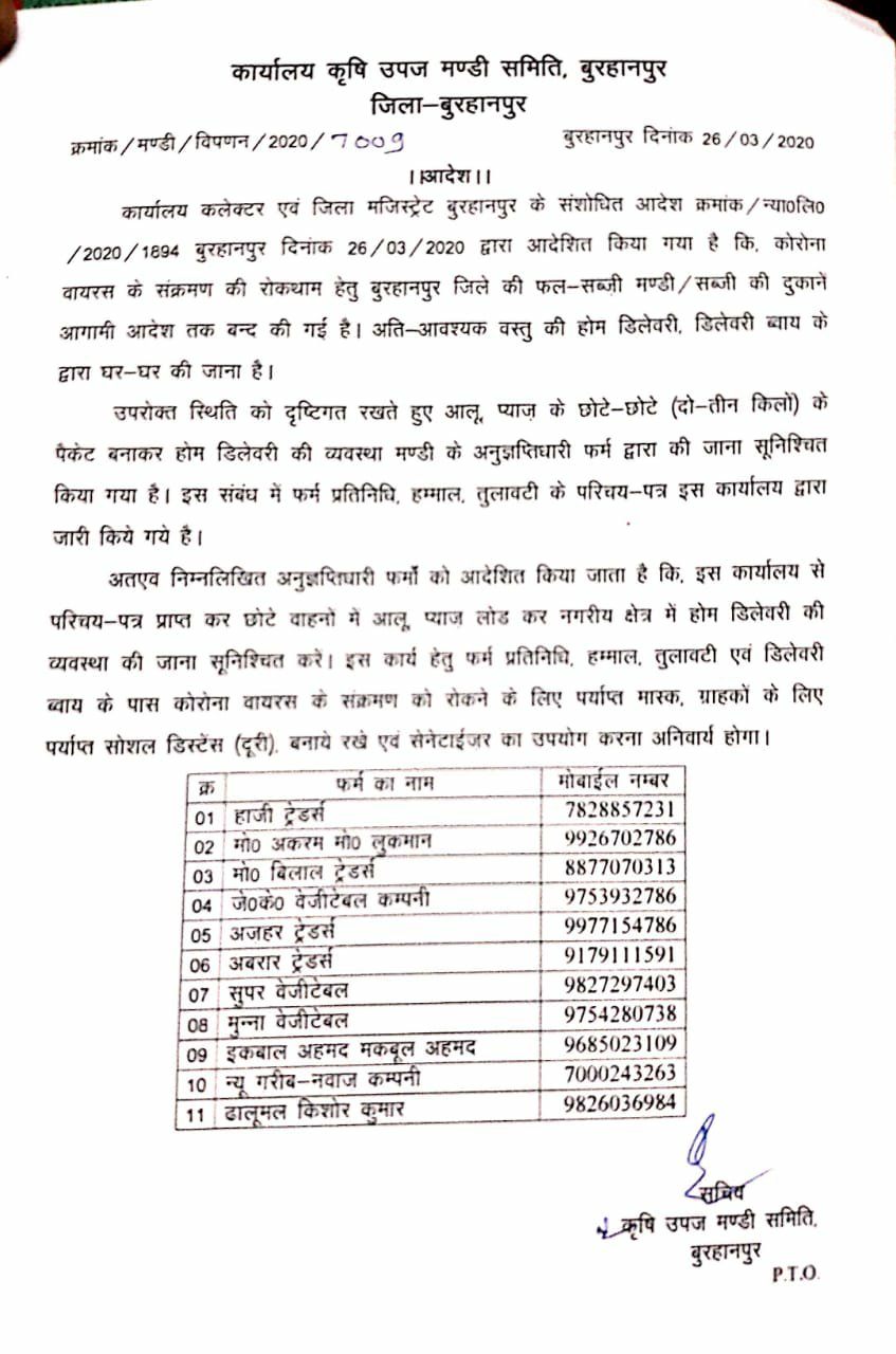 कृषि उपज मंडी समिति बुरहानपुर ने 11 व्यापारियों को होम डिलीवरी के लिए किया अधिकृत | New India Times