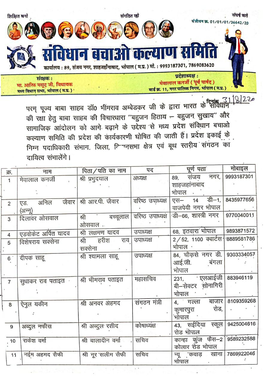 संविधान बचाओ कल्याण समिति मप्र की प्रदेश कार्यकारिणी का हुआ गठन | New India Times