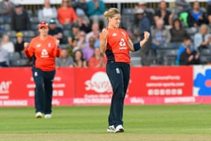 Katherine Brunt of England celebrates taking the wicket of Beth Mooney of Australia.