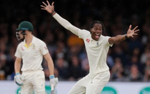 Jofra Archer gets Cameron Bancroft LBW for his first Test wicket.
