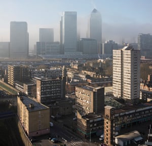 Aerial view of Canary Wharf &amp; Chrisp Street Market at dawn, London, UK