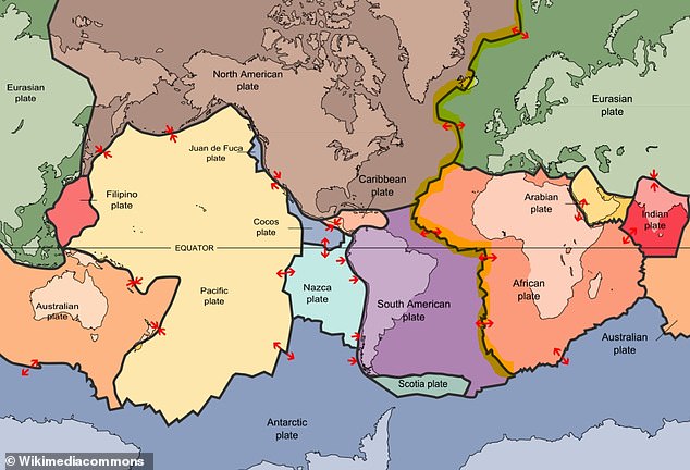 Earth's lithosphere - its rocky, outermost shell - is formed of around 15 tectonic plates, each of different shapes and sizes. Map shows the tectonic plates of the lithosphere on Earth. The Mid-Atlantic Ridge is highlighted in yellow