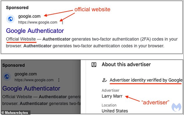 Hackers created fake adverts (pictured) which led users to a fraudulent site posing as the Google Authenticator app