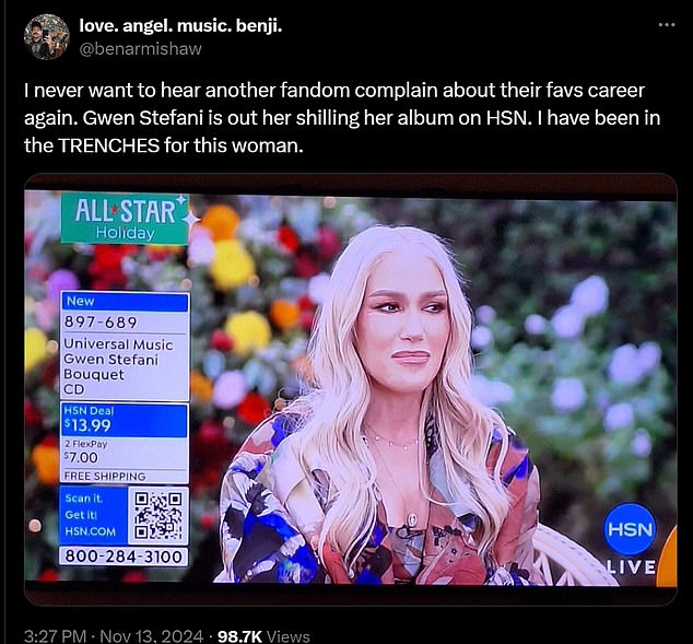 One of Gwen's loyal followers on X (formally Twitter ) posted a screen grab of her appearance on HSN with rather scathing commentary