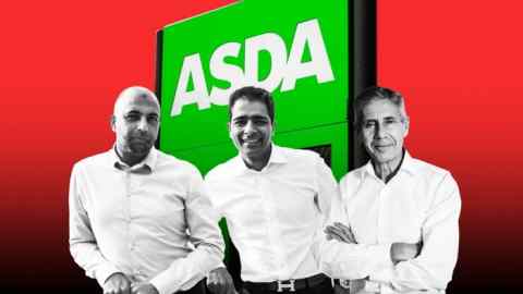 A montage of photos of Zuber Issa, Mohsin Issa and Stuart Rose in front of a large Asda sign.