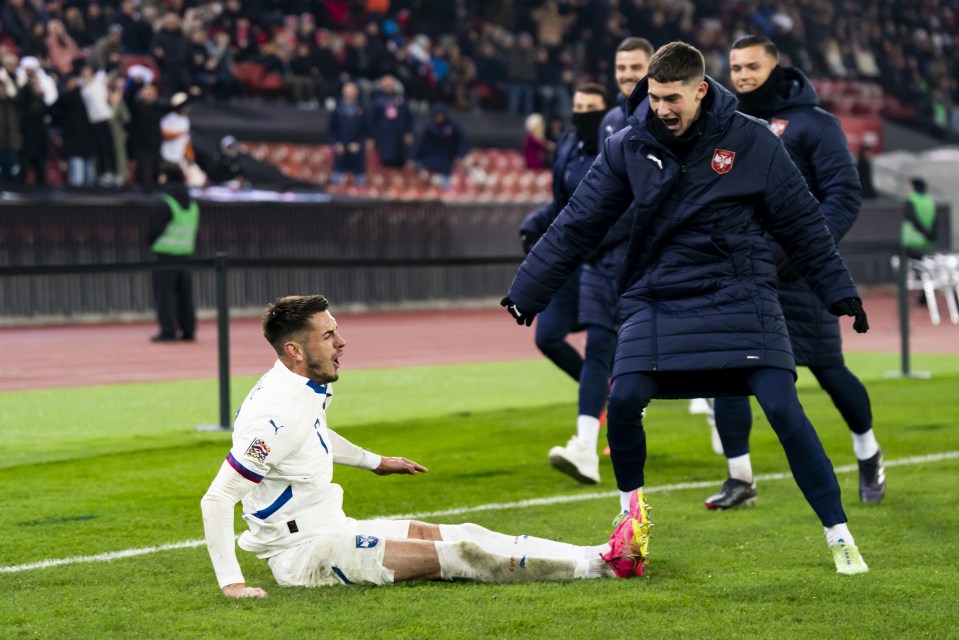 Serbia’s Aleksa Terzic west left looking injured on the floor after a failed celebration