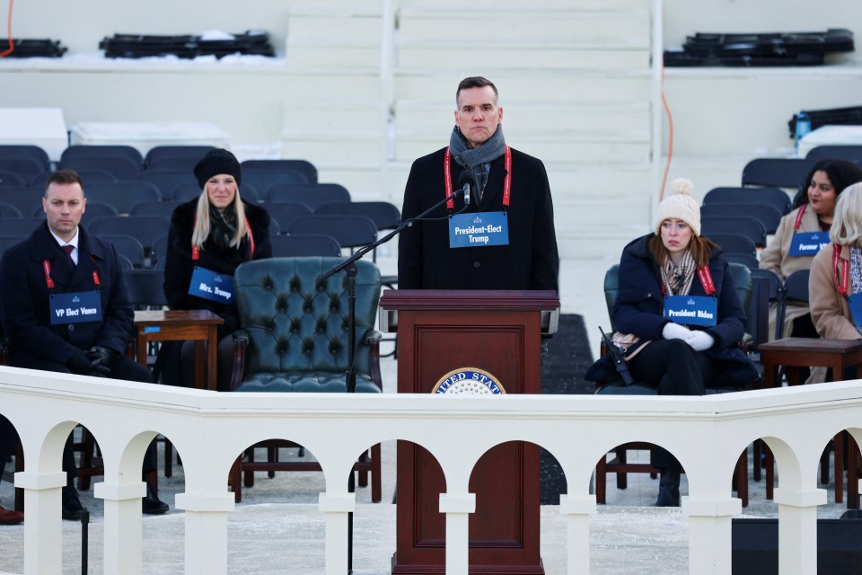 Rehearsal for a presidential inauguration with stand-ins for President-elect Trump, his wife, President Biden, and VP-elect Vance.